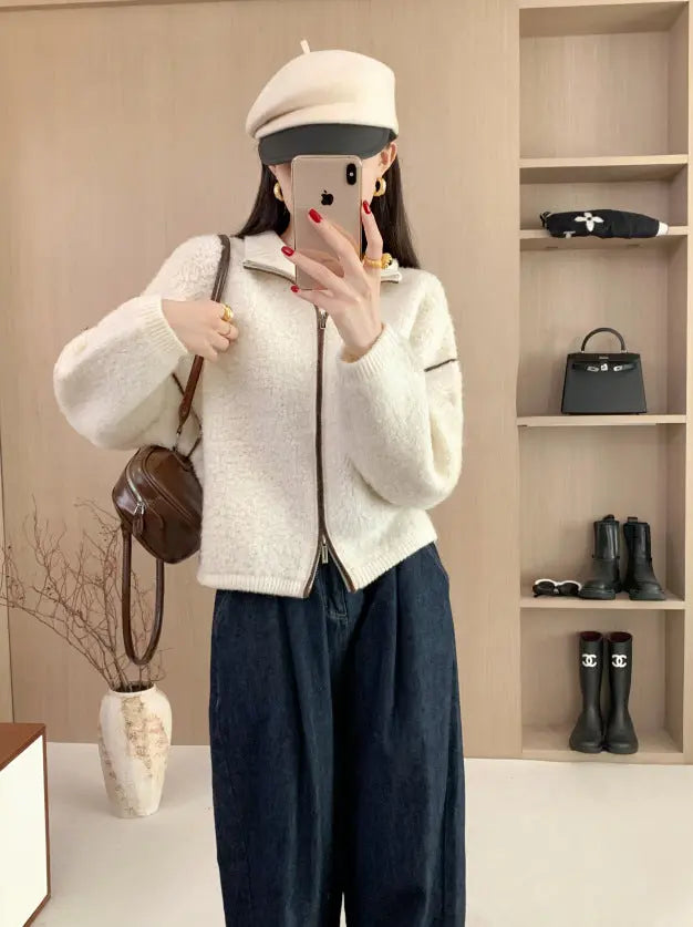Wool Coat Heavyweight Thick Loose Stand Collar Double Zipper Sweater Women's Winter Wool Cardigan Top eprolo