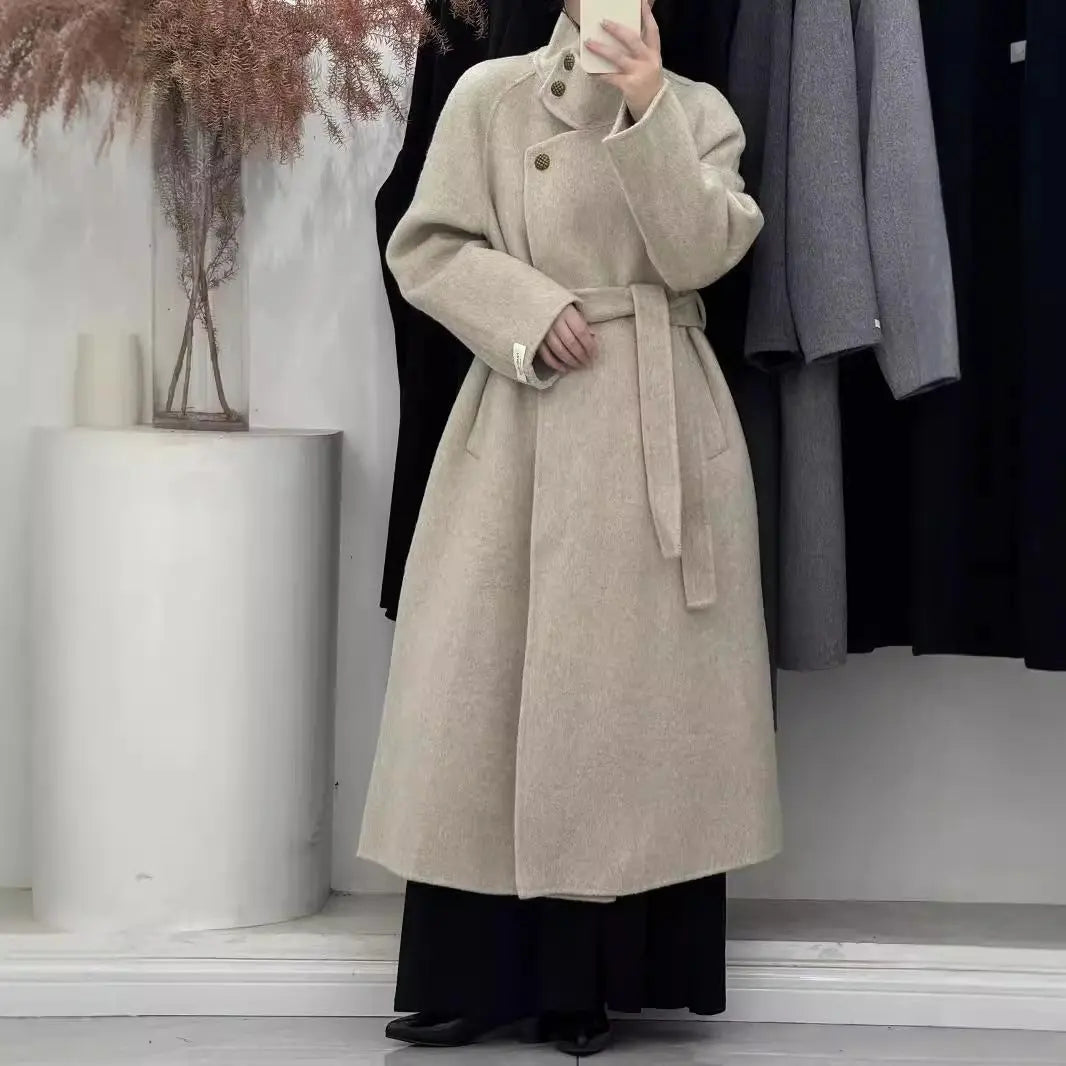 Vintage Hepburn style stand up collar long handmade double-sided wool coat, tall tie up eprolo