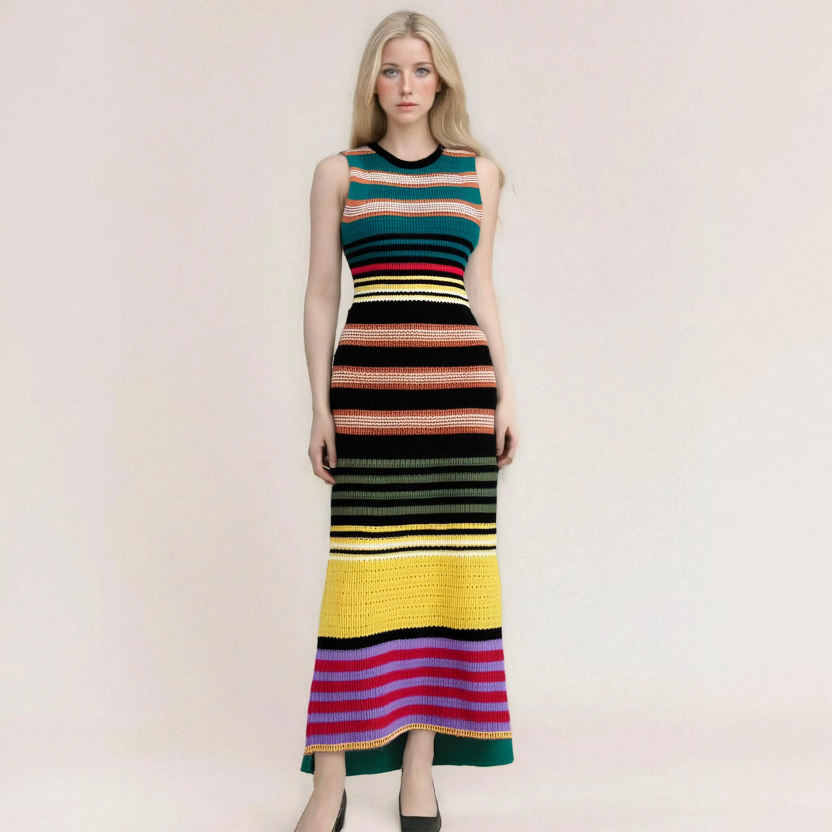 Colorful horizontal striped jacquard woven slim fitting sleeveless knitted dress eprolo