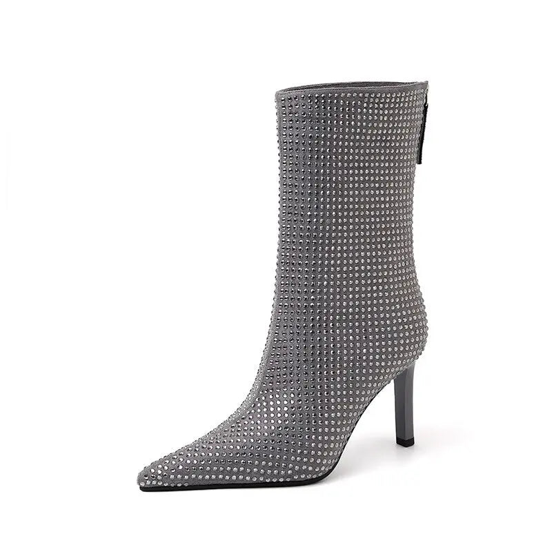 Women's Rhinestone High Heel Booties Fall New Pointed Toe Mid Boots 8.5cm High Heel Black Rhinestone Side Zipper Boots Size 39 eprolo