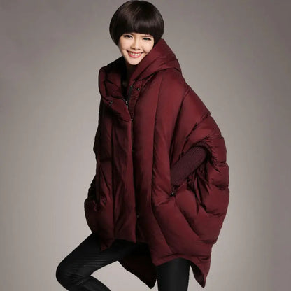 Down Jacket Women's New Mid Length White Duck Down Loose Pocket Hooded Cloak Jacket eprolo