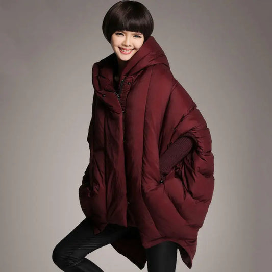 Down Jacket Women's New Mid Length White Duck Down Loose Pocket Hooded Cloak Jacket eprolo