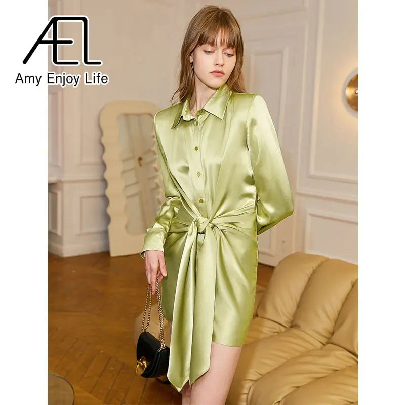 AEL New Women Satin Shirt Mini Dress Summer Casual Loose Elegant Party Belt One Piece Clothes Vestidos Streetwear eprolo