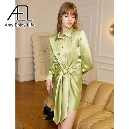 AEL New Women Satin Shirt Mini Dress Summer Casual Loose Elegant Party Belt One Piece Clothes Vestidos Streetwear eprolo
