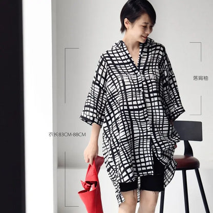 Literature And Art Simple Plaid Printing Pony Embroidery Loose Medium Long Short Sleeve Shirt For Women eprolo