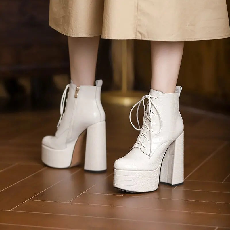 Elegant Mature Women Ankle Boots Cross-Tied Platforms Genuine Leather High Heels Party Office Autumn Winter Shoes eprolo