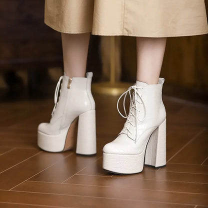 Elegant Mature Women Ankle Boots Cross-Tied Platforms Genuine Leather High Heels Party Office Autumn Winter Shoes eprolo