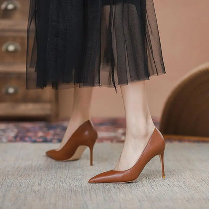 Tikicup Solid Khaki Brown Matte Women Pointed Toe Stiletto High Heels Slip On OL Dress Shoes Elegant Ladies Formal Pumps eprolo