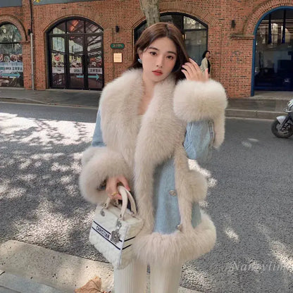 Denim Fur Splicing Coat Women's Environmental Protection Imitation Fox Fur Winter Overcoats New Popular Mid-Length Coats eprolo
