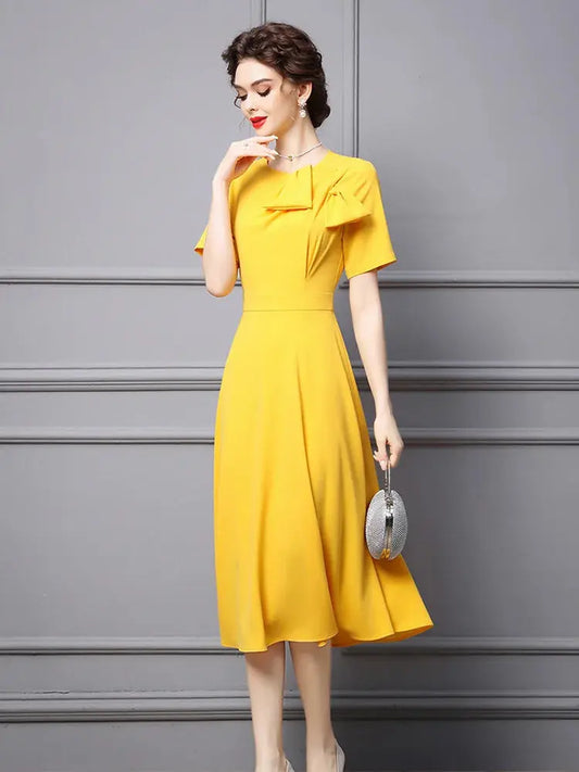 ZJYT Elegant Ladies Midi Simple Yellow Party Dresses for Women Summer Designer Bowknot Short Sleeve Office Vestidos Aline eprolo