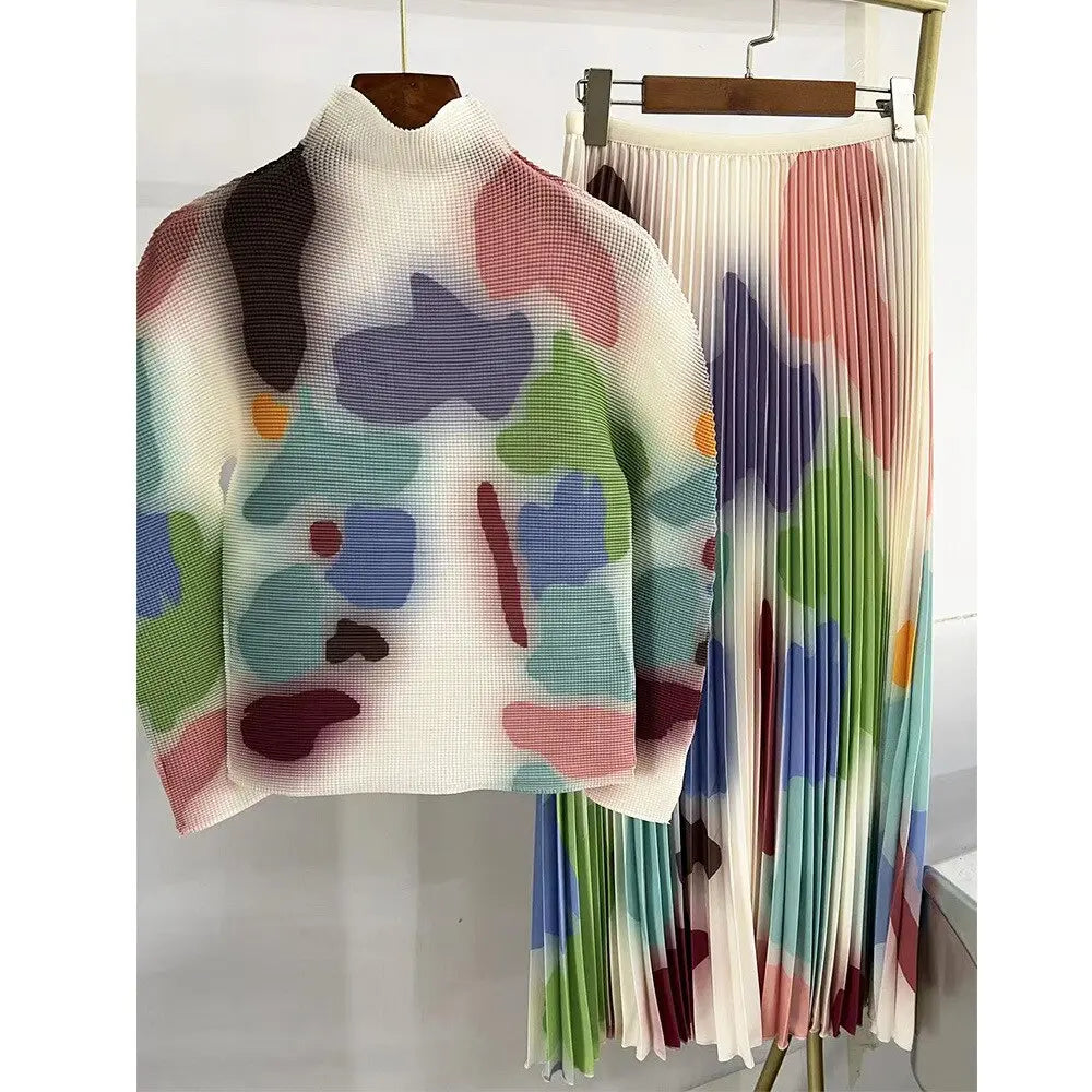 Long Halfskirt Set Women's Fashion Women's Spring New Long Sleeve Pleated T-shirt Pleated Skirt Two Piece Set eprolo