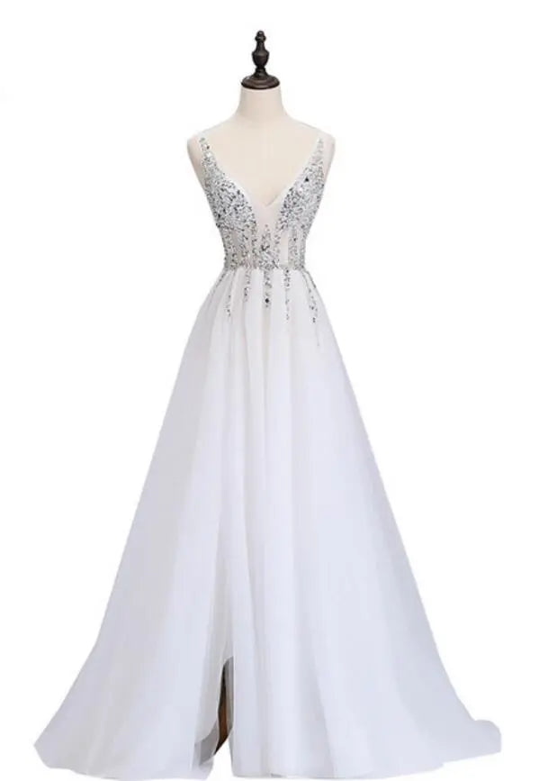 Sexy Side Split Prom Dresses  Deep V-Neck Backless Beads Crystal Party Gowns Sleeveless Sweep Train Cheap Tulle Party Dress eprolo