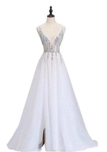 Sexy Side Split Prom Dresses  Deep V-Neck Backless Beads Crystal Party Gowns Sleeveless Sweep Train Cheap Tulle Party Dress eprolo