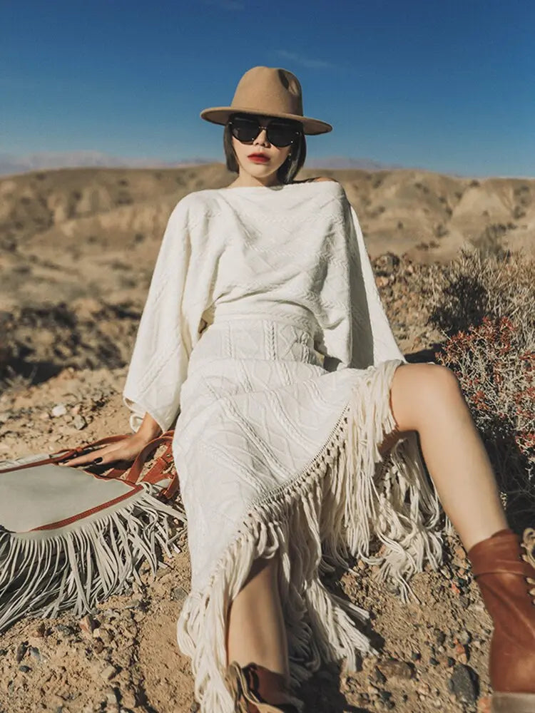 Vintage Versatile Tassel Knitted Dress Women's Spring and Autumn New Style Sweater Long Dress eprolo