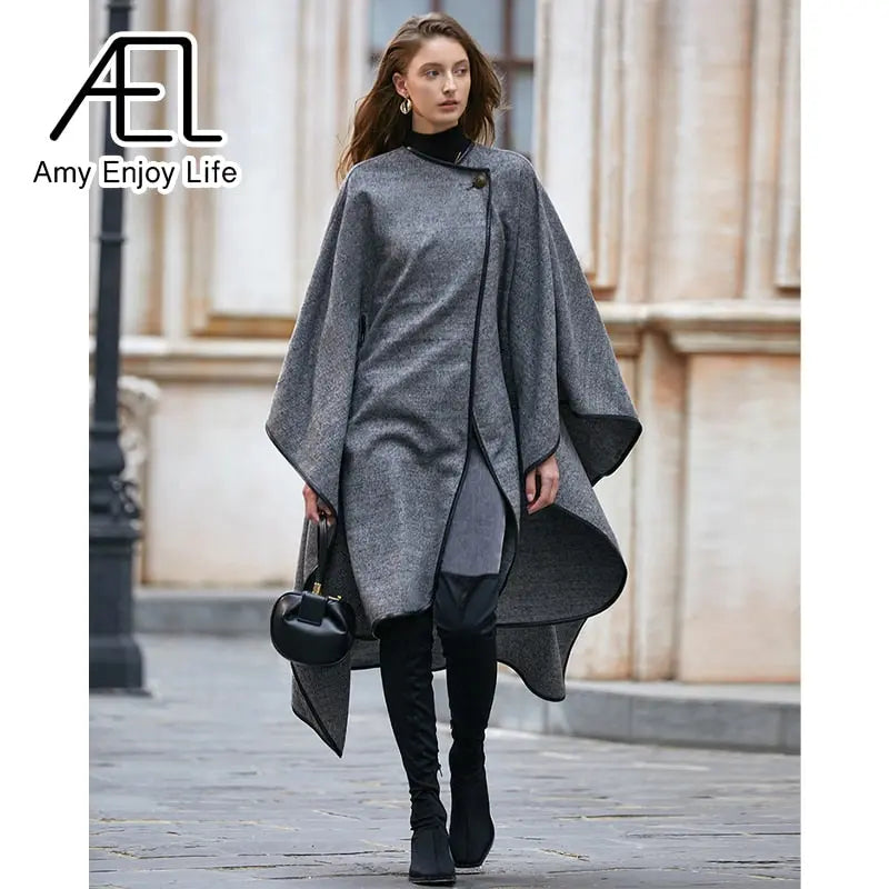 Medium Long Cape Style Street Woolen Coat New Herringbone Pattern Cloak Coat For Women In Winter eprolo