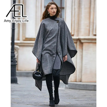 Medium Long Cape Style Street Woolen Coat New Herringbone Pattern Cloak Coat For Women In Winter eprolo