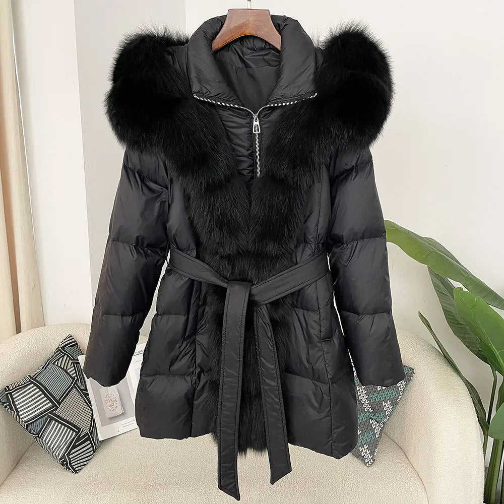 Hooded down jacket women's fox fur collar eprolo