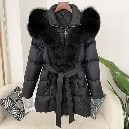 Hooded down jacket women's fox fur collar eprolo