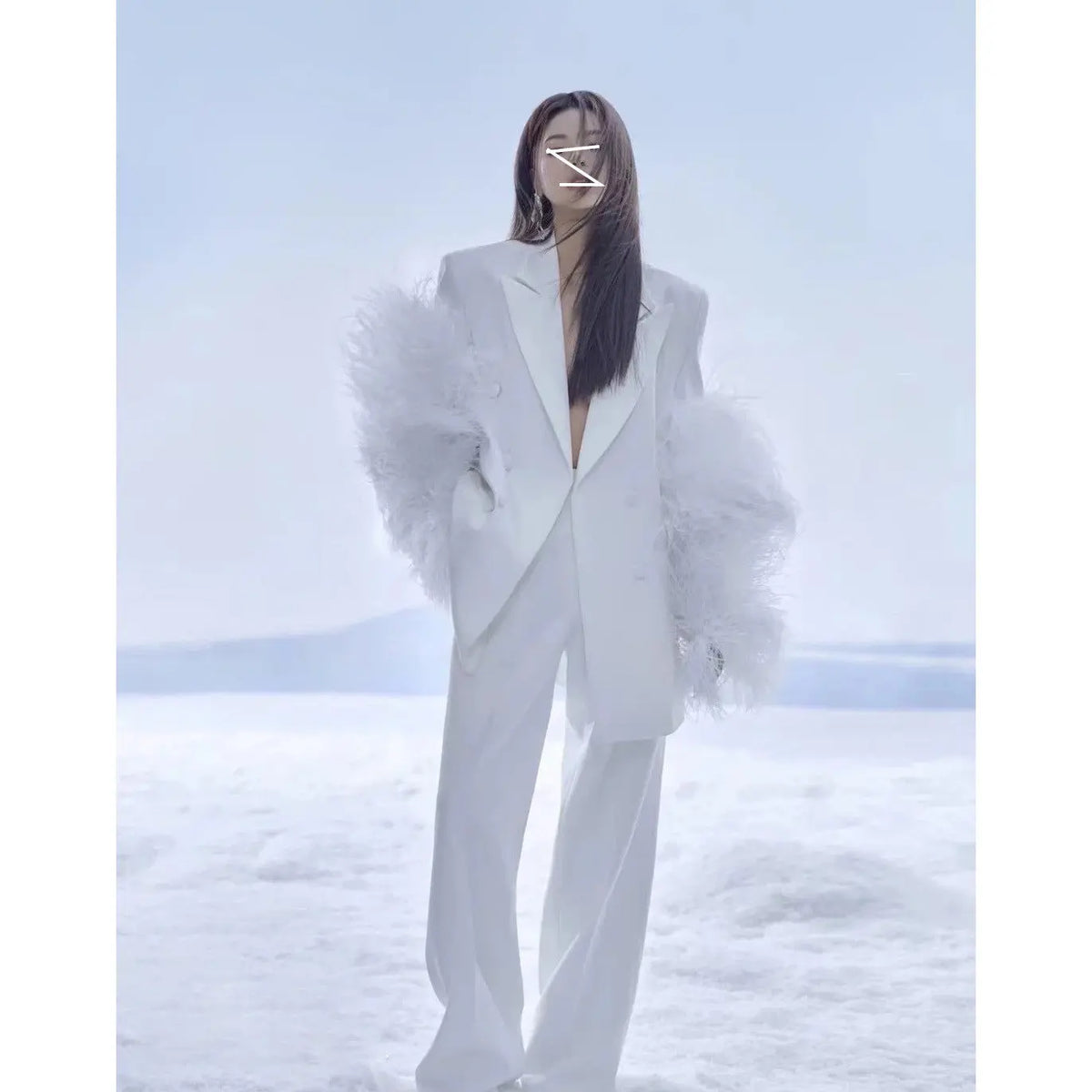 White Feather Personality Blazer Women New Lapel Long Sleeve Loose Fit Jacket Fashion Tide Spring Autumn eprolo