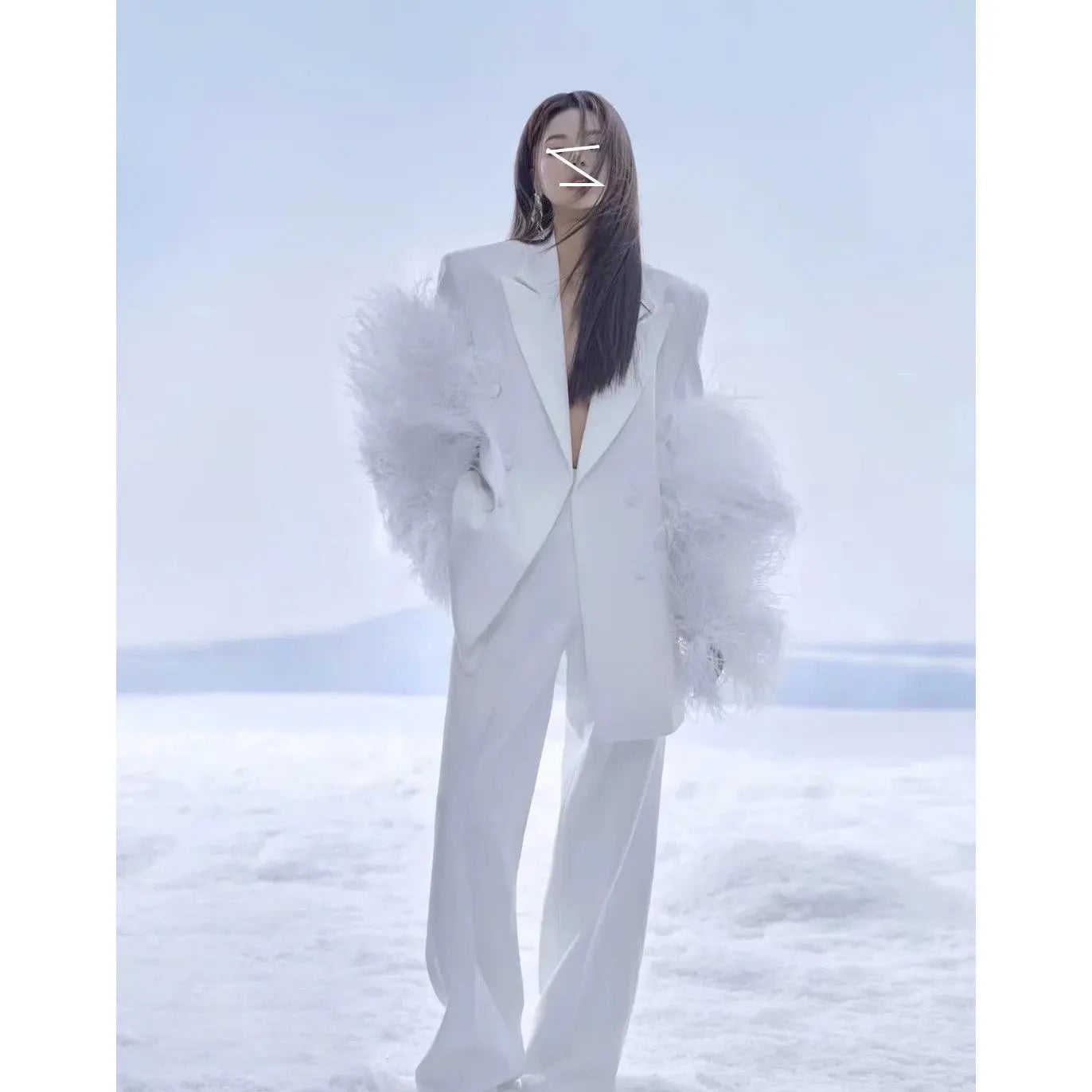 White Feather Personality Blazer Women New Lapel Long Sleeve Loose Fit Jacket Fashion Tide Spring Autumn eprolo