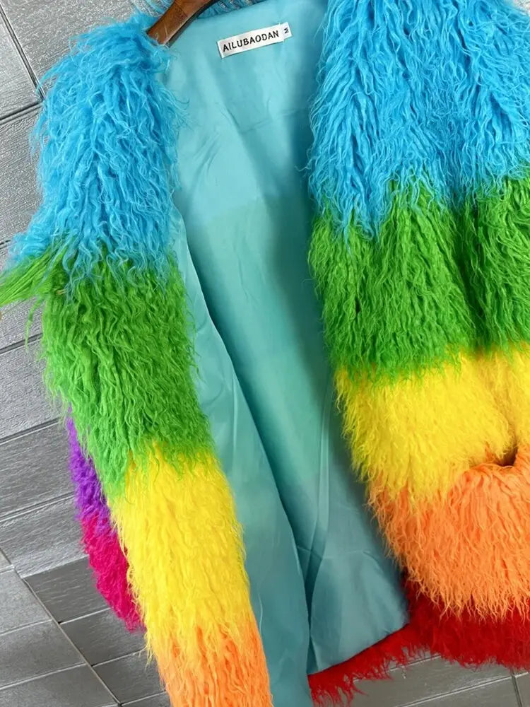 Niche Rainbow Winter Faux Fur Coat Loose Splicing Contrast Color Long Jacket Shaggy Outerwear Women's Clothing Free Shipping eprolo