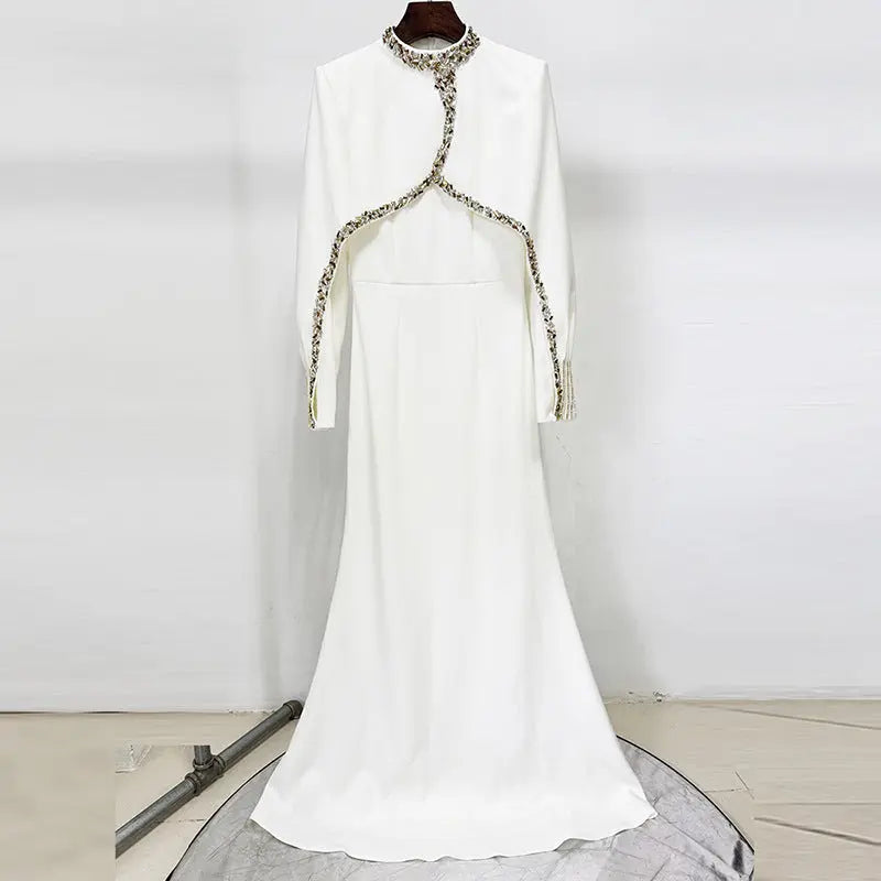 Beaded and Rhinestone Embellished Long Dress with Bat Sleeves eprolo