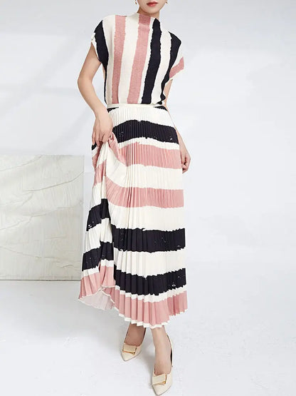 Elegant Pleated 2 Pieces Set Women's Printed Striped Turtleneck Short Sleeves Slim Tops High Waist Fold Skirts eprolo