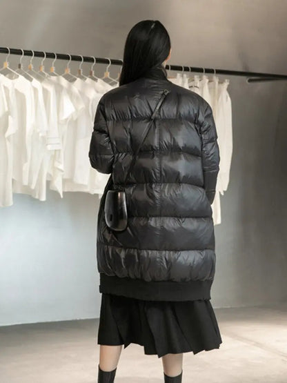 Loose Fit Black Spliced Down Jacket New V-neck Long Sleeve Warm Women Parkas Fashion for Autumn Winter eprolo