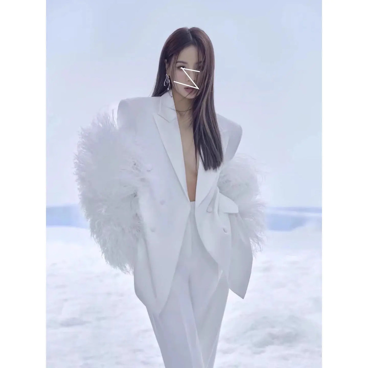 White Feather Personality Blazer Women New Lapel Long Sleeve Loose Fit Jacket Fashion Tide Spring Autumn eprolo