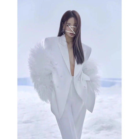 White Feather Personality Blazer Women New Lapel Long Sleeve Loose Fit Jacket Fashion Tide Spring Autumn eprolo