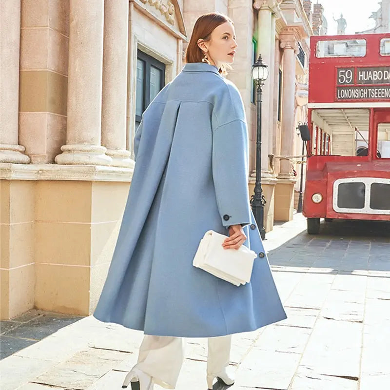 AEL winter  wool double woolen coat women Gray-blue Retro wide sleeves overcoat fashion loose lady long outcoat eprolo