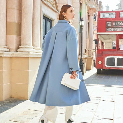 AEL winter  wool double woolen coat women Gray-blue Retro wide sleeves overcoat fashion loose lady long outcoat eprolo