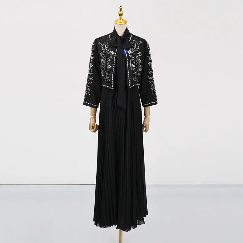 Style Heavy Embroidery Splicing Short Jacket + Pleated High Waist Skirt Set for Women eprolo