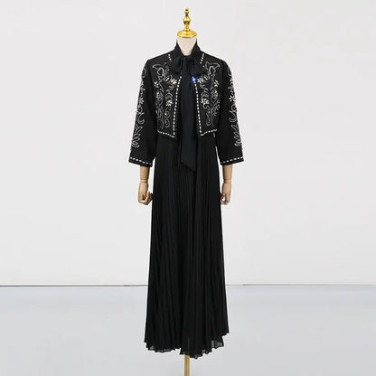 Style Heavy Embroidery Splicing Short Jacket + Pleated High Waist Skirt Set for Women eprolo