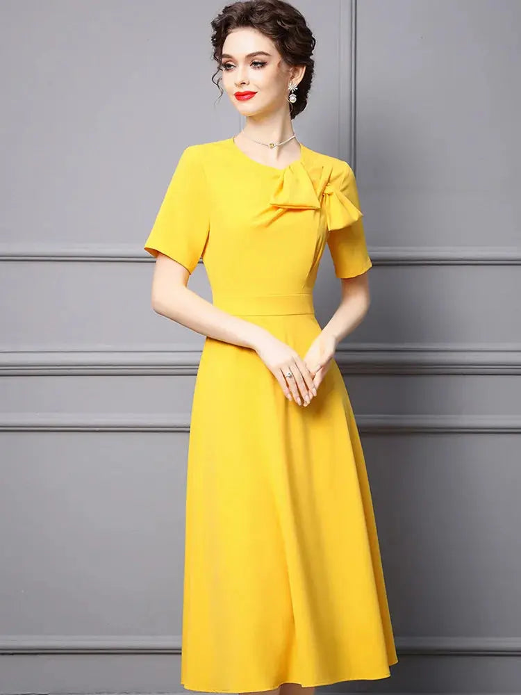 ZJYT Elegant Ladies Midi Simple Yellow Party Dresses for Women Summer Designer Bowknot Short Sleeve Office Vestidos Aline eprolo