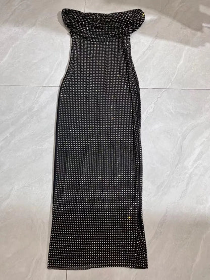 Heavy hot drilling midi dress women Slash neck sexy slim long dress eprolo