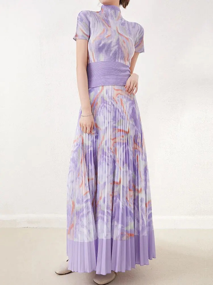 Two Pieces Pleated Set Women Turtleneck Short Sleeve T Shirt Long Loose Skirts Retro Sets Female Elegant Clothing eprolo