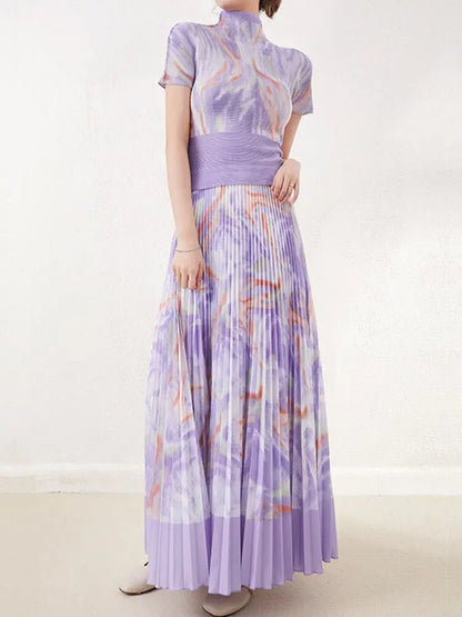 Two Pieces Pleated Set Women Turtleneck Short Sleeve T Shirt Long Loose Skirts Retro Sets Female Elegant Clothing eprolo