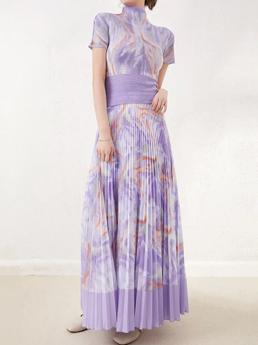 Two Pieces Pleated Set Women Turtleneck Short Sleeve T Shirt Long Loose Skirts Retro Sets Female Elegant Clothing eprolo