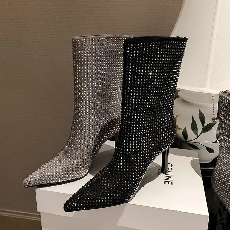 Women's Rhinestone High Heel Booties Fall New Pointed Toe Mid Boots 8.5cm High Heel Black Rhinestone Side Zipper Boots Size 39 eprolo