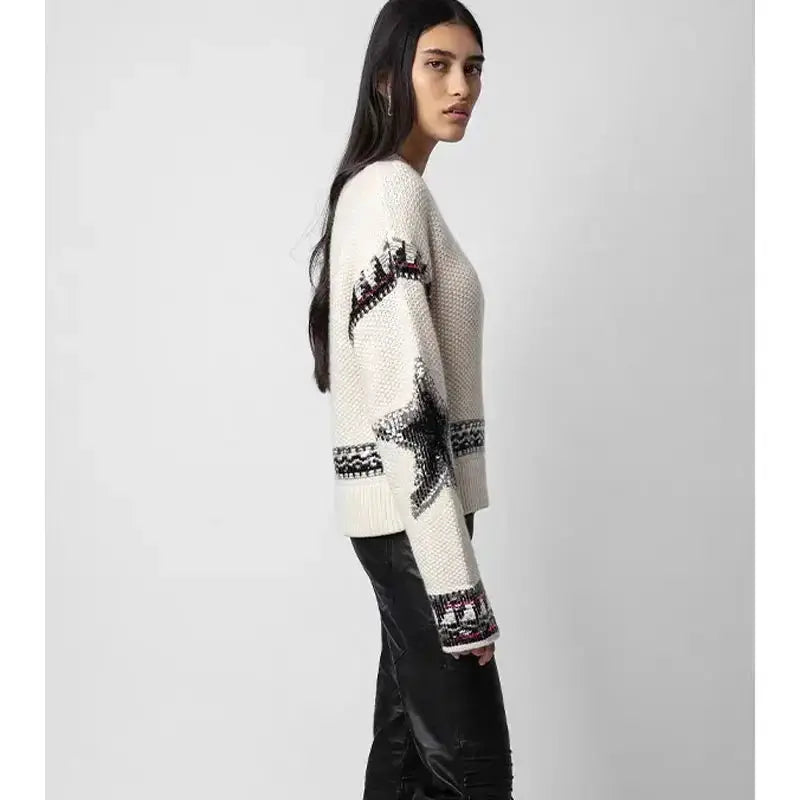 Autumn and Winter Design Sequined Cashmere Pullover Sweater eprolo