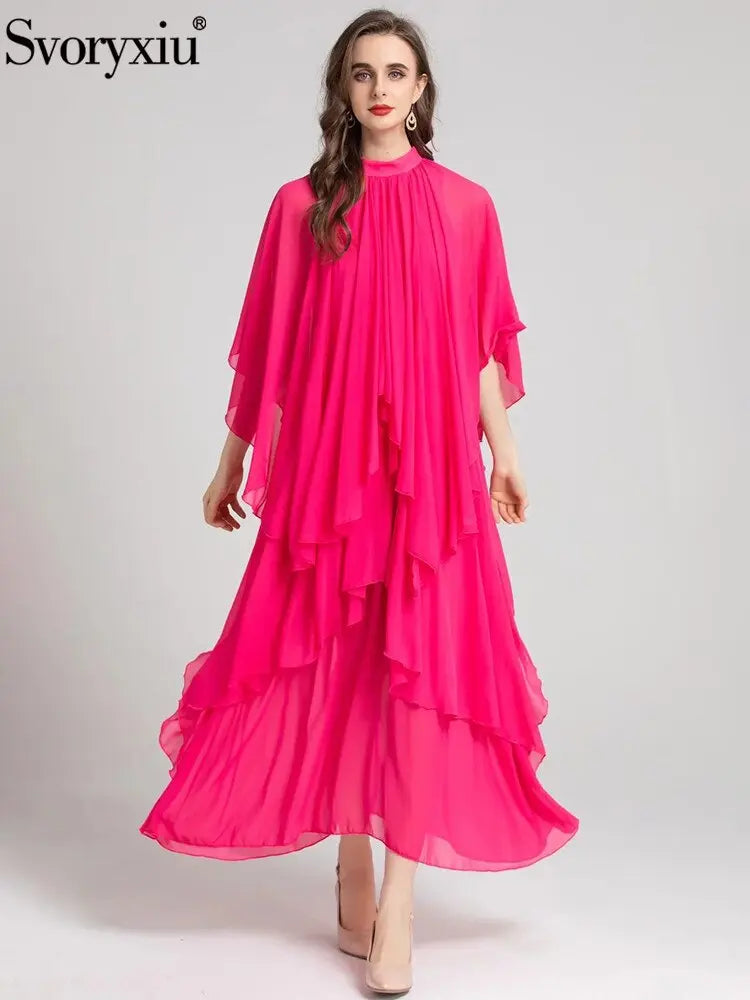 Runway Summer Bohemian Dress Women's Stand collar Butterfly Sleeve Draped High waist Asymmetrical Rose Red Maxi Dresses eprolo