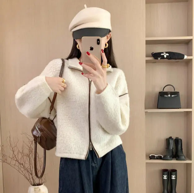 Wool Coat Heavyweight Thick Loose Stand Collar Double Zipper Sweater Women's Winter Wool Cardigan Top eprolo