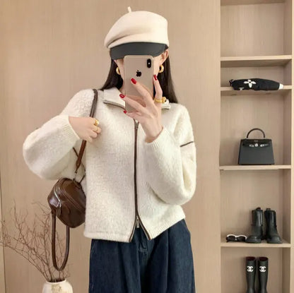 Wool Coat Heavyweight Thick Loose Stand Collar Double Zipper Sweater Women's Winter Wool Cardigan Top eprolo