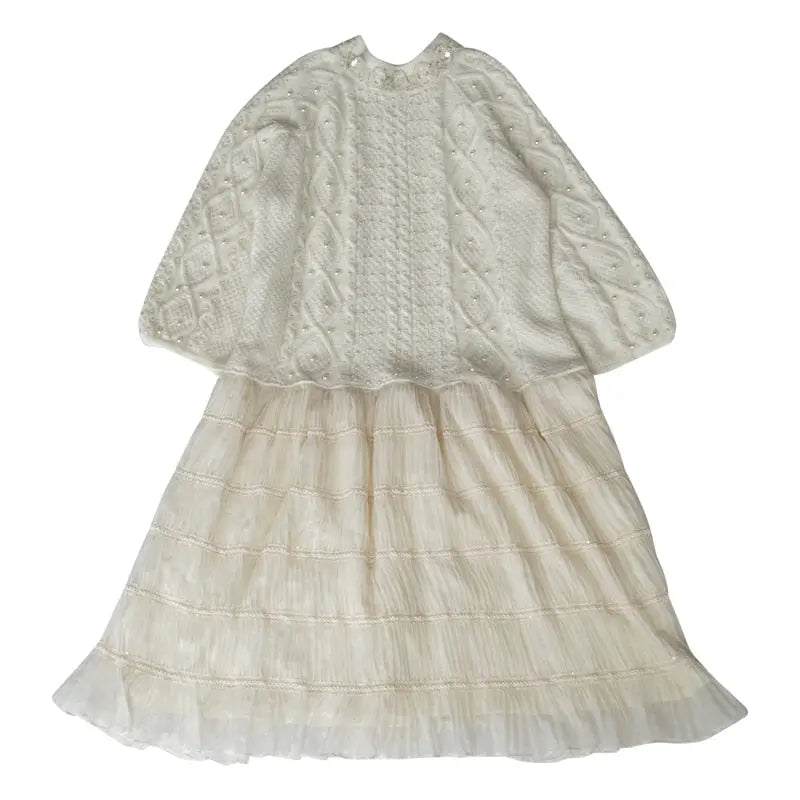 Wool Handmade Beaded Sparkling Elegant Big Skirt False Two-Piece Loose Sweater Dress eprolo