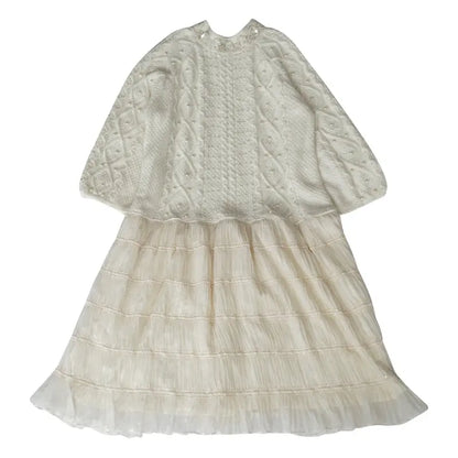 Wool Handmade Beaded Sparkling Elegant Big Skirt False Two-Piece Loose Sweater Dress eprolo