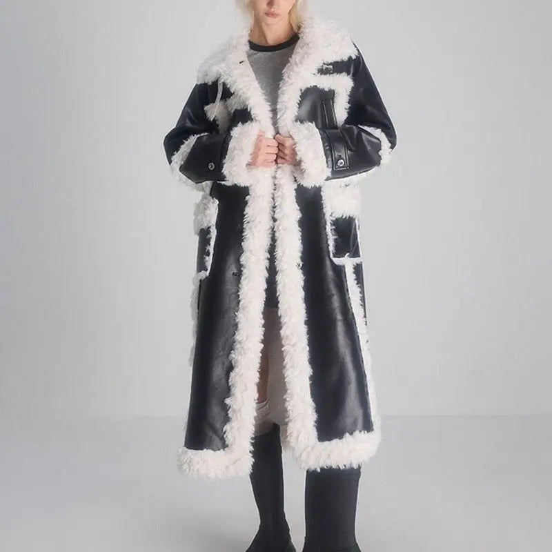 Women's Lamb Wool Splicing Trench Lapel Single Breasted Mid-ccalf Full Sleeve Black Suede Windbreak eprolo