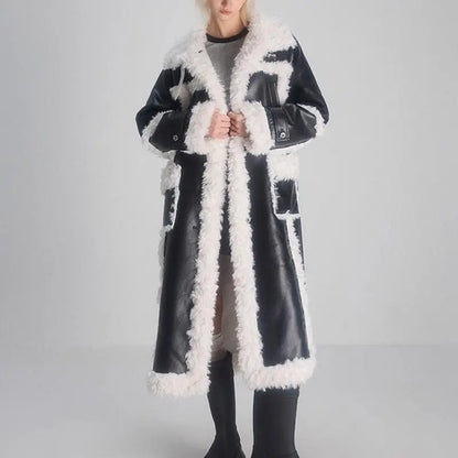 Women's Lamb Wool Splicing Trench Lapel Single Breasted Mid-ccalf Full Sleeve Black Suede Windbreak eprolo