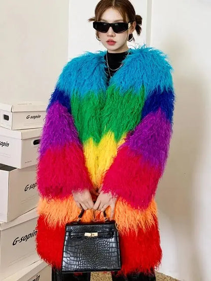 Niche Rainbow Winter Faux Fur Coat Loose Splicing Contrast Color Long Jacket Shaggy Outerwear Women's Clothing Free Shipping eprolo