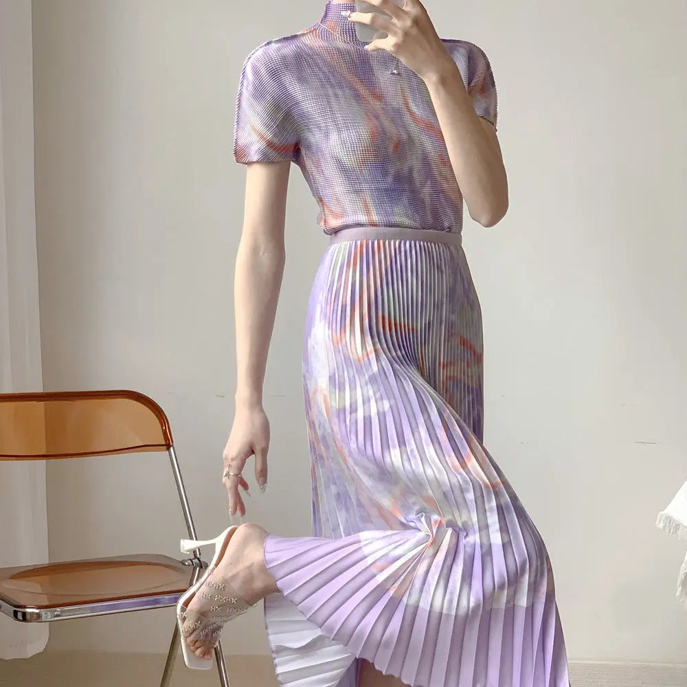 Fashion Print Pleated 2 Pieces Set Women's Round Neck Long Sleeves Slim Top High Waist Spliced Female Clothes eprolo